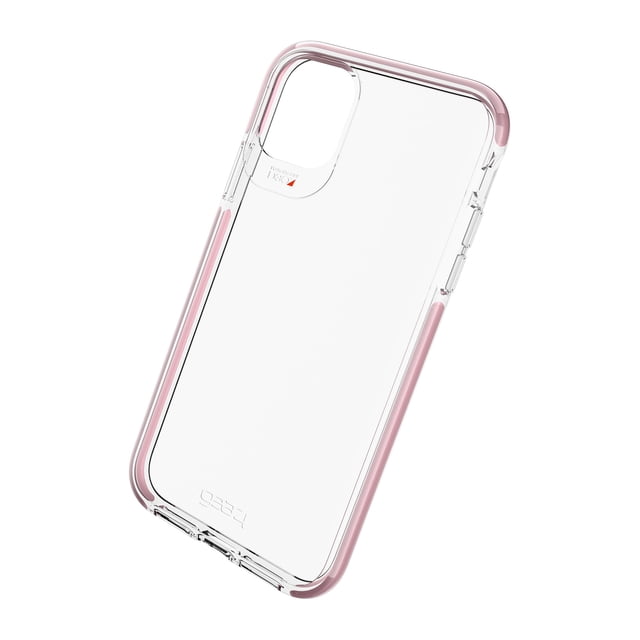 GEAR4 Piccadilly With D3O Case Compatible With The iPhone 11 in clear and pink. This slim-fitting case features a transparent TPU construction with injection-moulded D3O® technology for shock absorption, military drop-test certification up to 3m, and a PC backplate made of bullet-proof glass material. Raised bezel protects the screen, and the clear design showcases the phone's original look.