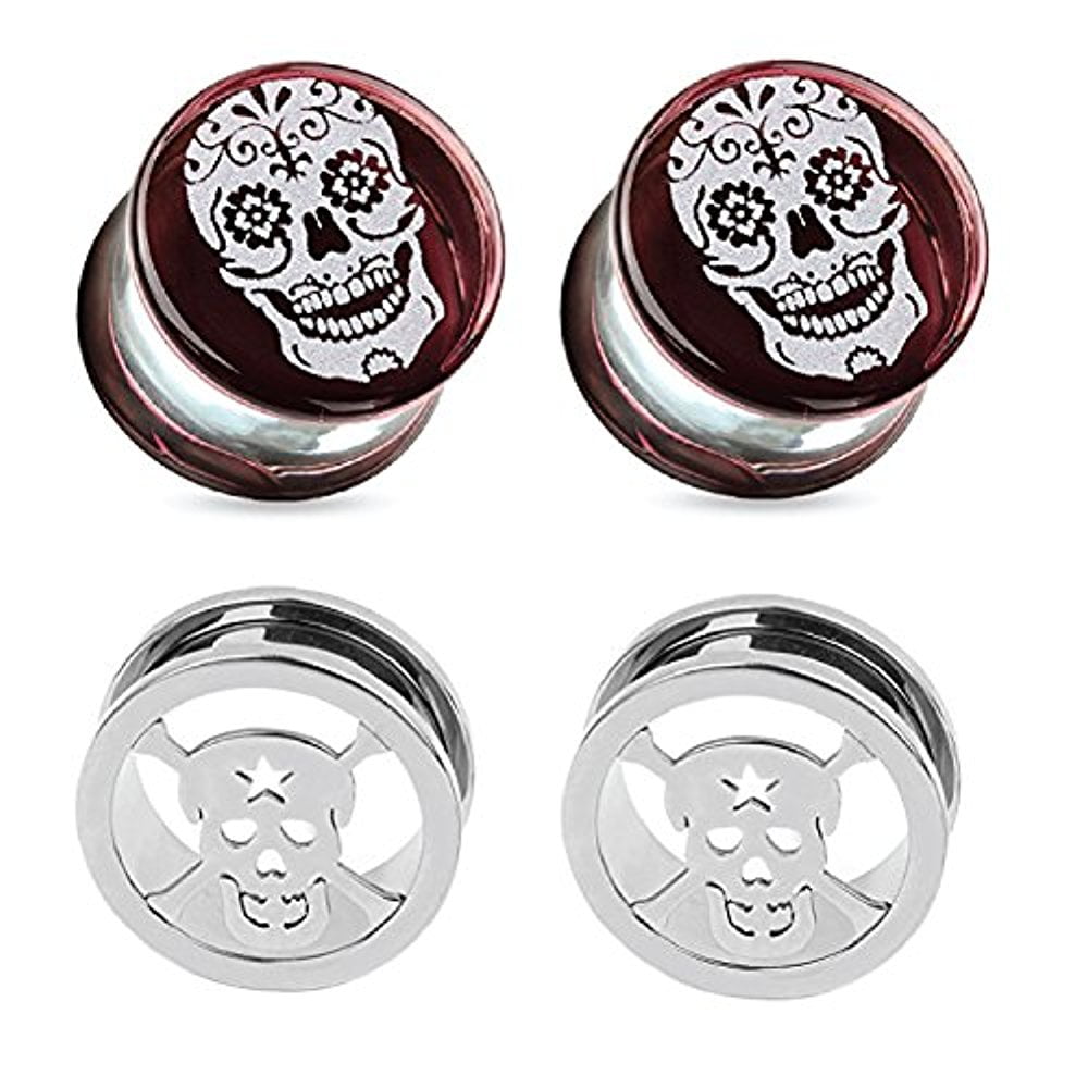 BodyJ4You 4PCS Ear Gauge 00G Glass Plugs Stretching Kit Stainless Steel  Sugar Skull Screw Fit Tunnel 10mm