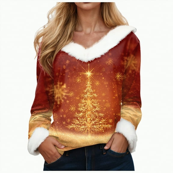 Rotm Women Christmas Shirts Trim V Neck Christmas Tshirts for Women Xmas Snowflake Graphic Holiday T Shirts Plus Size Long Sleeve Loose Fit Tops(Orange,XL)