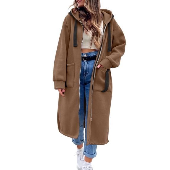Perfectbot Women's Maxi Length Zip Up Hooded Duster Coat, Oversized Long Jacket with Contrast Black Drawstrings
