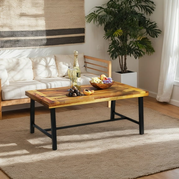 GVN Outdoor Coffee Tables,Patio Center Tables,Acacia Wood Coffee Table with Thickened Top and Heavy-duty Metal Legs