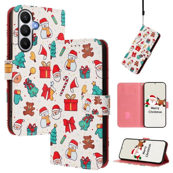 Phone Case for Samsung Galaxy A37, Luxury Christmas Pattern Card Slots Cash Pocket Magnetic Clasp Full Body Protection Shockproof Kickstand Wallet Flip Case with Wrist Strap for A37, A