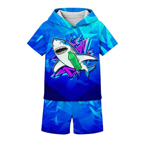 XUNKUSGA Baby Clothes Boy 2PCS Summer Clothes Cute Printing Short Sleeve Hooded T-Shirt and Shorts Outfit for 5-12 Years Soft Breathable Set for Kids,Blue,5-6 Years