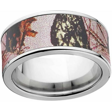 Mossy Oak Pink Break Up Women's Camo Stainless Steel Ring with Polished Edges and Deluxe Comfort Fit