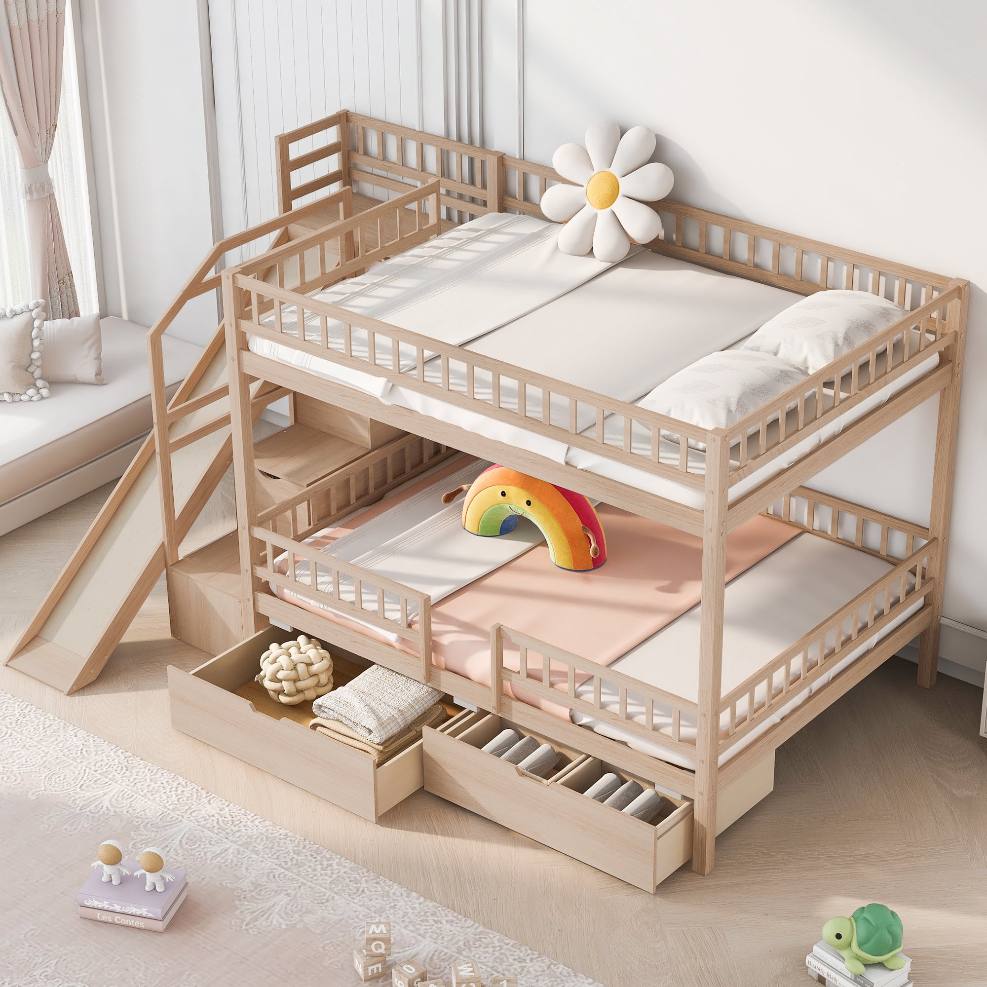 Euroco Wood Full over Full Bunk Bed with Drawers and Storage Staircase, Solid Bed with Slide, No Box Spring Needed, Walnut