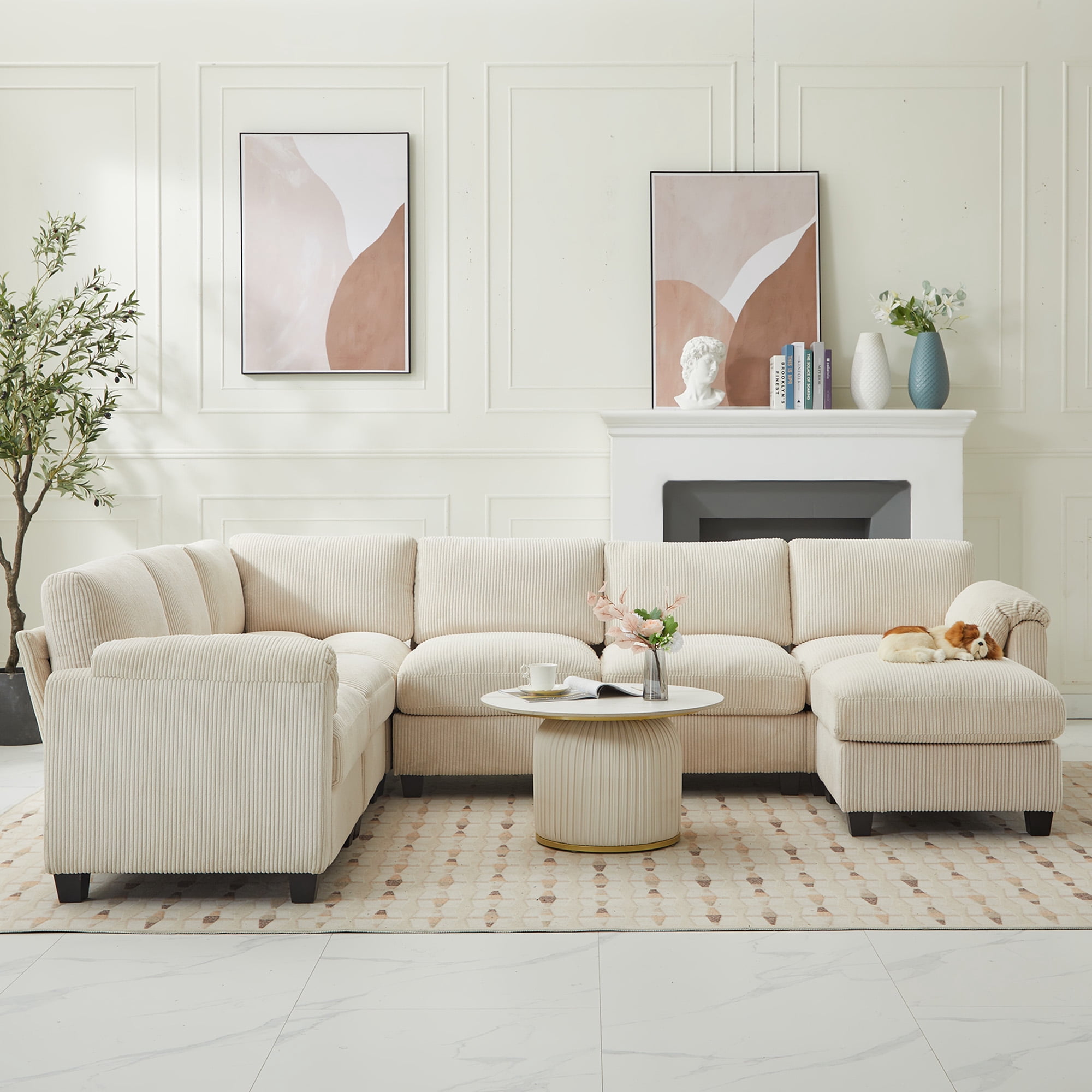 JUSTLET Oversized Modular Sectional Sofa, Oversized U Shaped Couch, Convertible Sleeper Sofa, 7 Seat Sofa with Chaise, Deep Seat Comfy Cloud Couch with Ottoman for Living Room, Corduroy, Beige