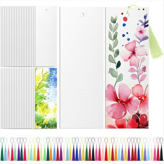 Watercolor Paper Blank Bookmarks with Colorful Tassels DIY Book Marks Kit,Bookmark Pad for Classroom and Gifts Tags