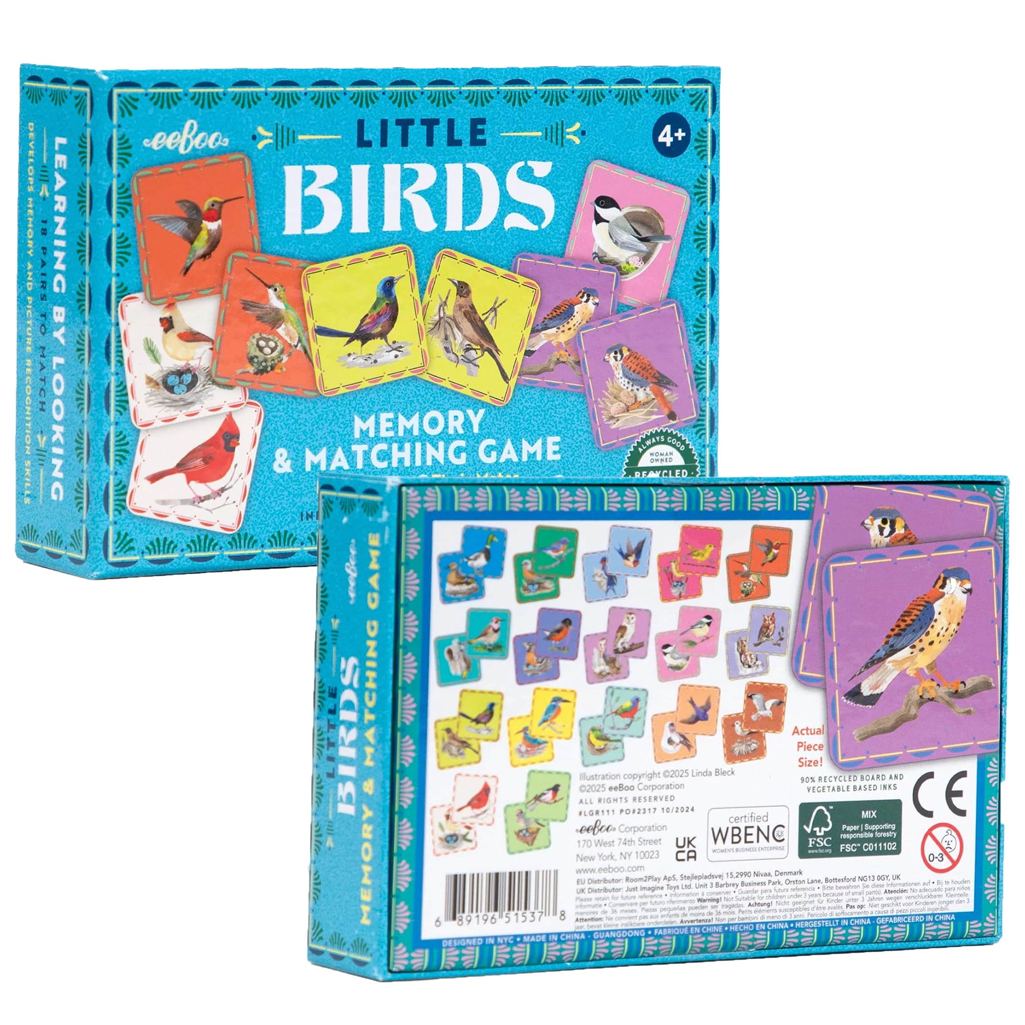 eeBoo: Memory & Matching Game - Little Birds - 18 Illustrated Matching Pairs, Concentration Tile Game, Informational Insert, Kids Ages 4+, 1-4 Players