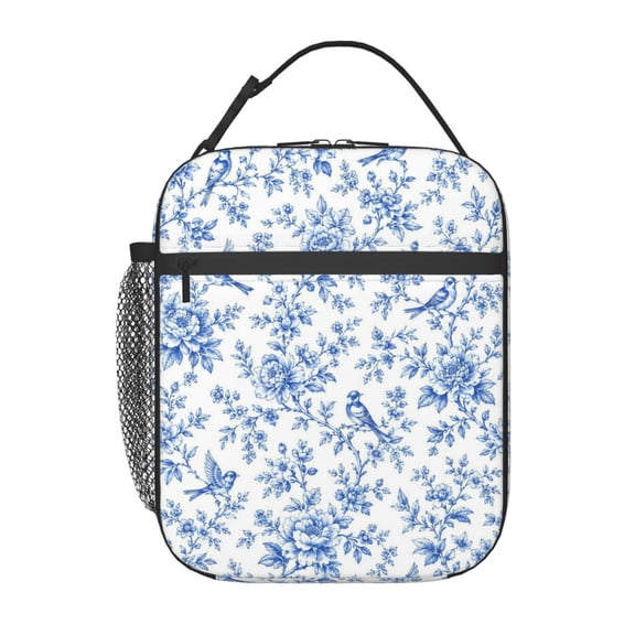 Blue Bird Floral Lunch Bag Reusable Thermal Lunch Box with Handle for Women and Men