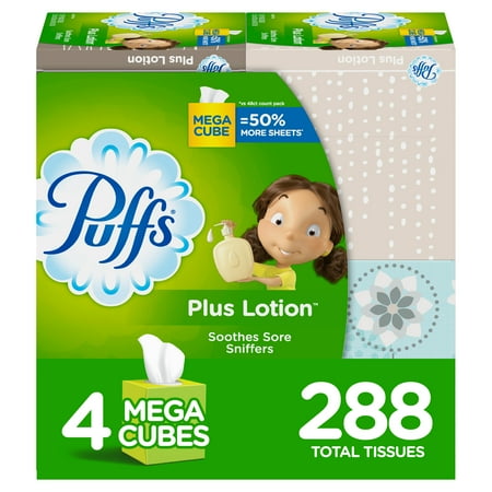Puffs Plus Lotion Facial Tissues, 4 Mega Cubes, 288 Tissues