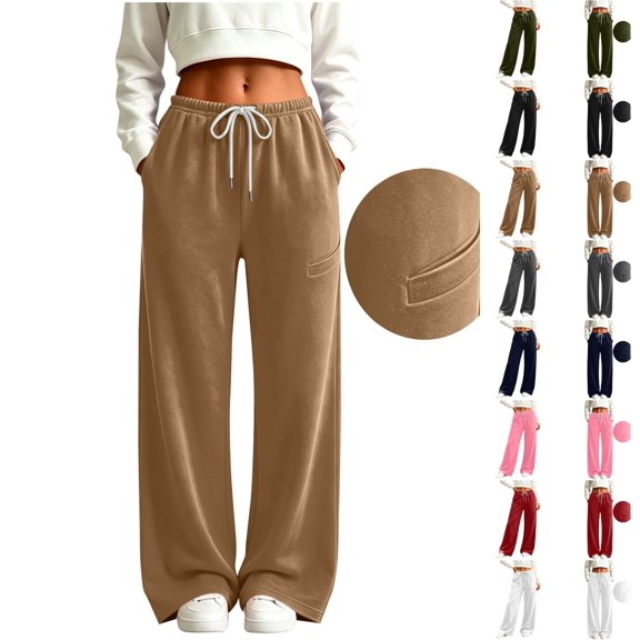 Qingpeng Womens Drawstring Waist Wide Leg Sweatpants Solid Color Loose Straight Casual Pants with Pockets Winter Trendy Long Trousers