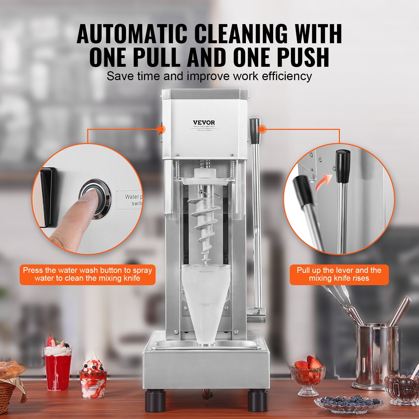 VEVOR Ice Cream Blender,750W High-Speed Ice Cream Maker Mixer Stir Machine 1740RPM, 304 Stainless Steel Ice Cream Shaker, Long Handle + PC Protective Shield, Customizable with any Flavor of Ice Cream