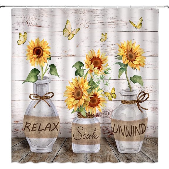Farmhouse Sunflower Shower Curtains Rustic Floral Butterfly Fabric Bathroom Curtains Decor Set with Hook(36" WX72 H)