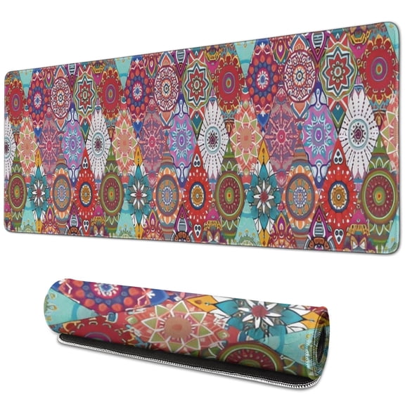 Long Mouse Pads for Desk,Multicolor Ethnic Diamond Pattern Desk Mats on Top Of Desks, Desk Mouse Pad Extra Large with 3mm Non-Slip Base and Stitched Edge for Gaming,Office,Work,Home 31.5"x11.8"
