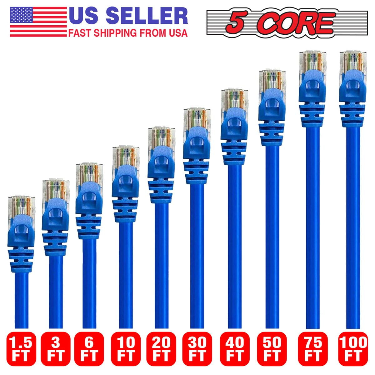 Ethernet Cable 3 ft Long Cat 6 Computer Internet Patch Cord High Speed WiFi RJ45 for Gaming Indoor Outdoor Use - ET 3FT Blue