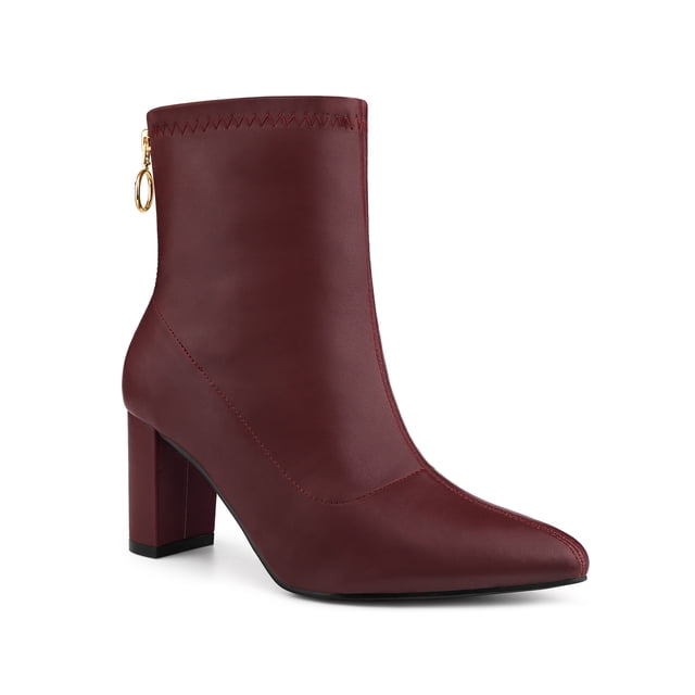 Unique Bargains Women's Pointy Toe Back Zip Block Heel Ankle Boots Burgundy (Size 7)