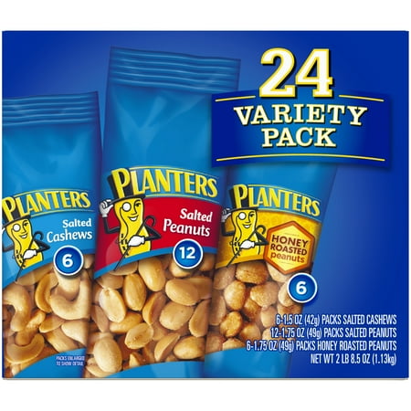 Peanut Roasted Trail Mix - Planters Nut 24 Count-Variety Pack, Salted Peanuts, Honey Roasted Peanuts & Salted Cashews Ready-to-Go Sleeves, 40.5 oz Multi-Pack Box