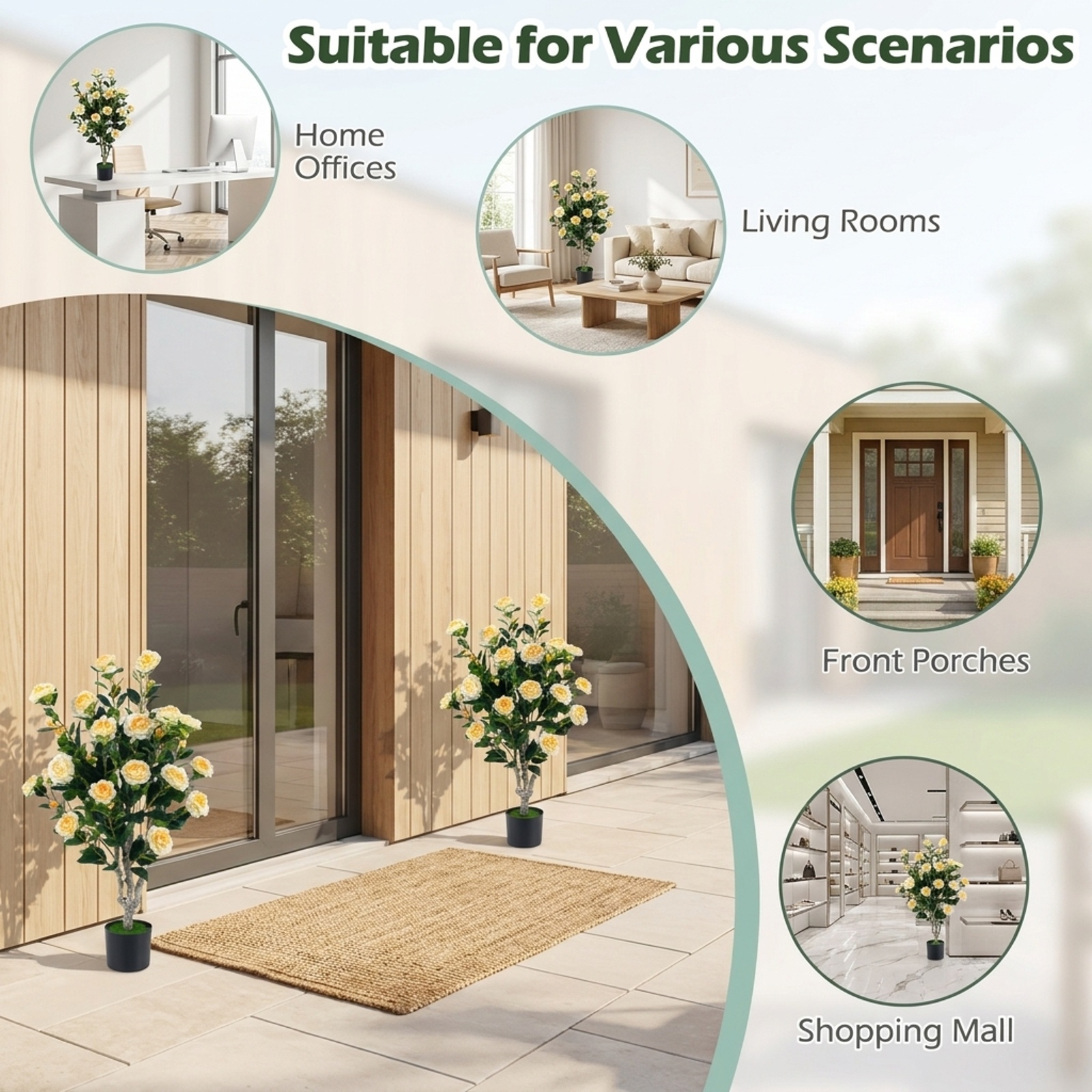 Vebreda Set of 2 39.5-Inch Artificial Camellia Trees with Yellow Flowers and Cement-Filled Pots for Indoor and Outdoor Decoration