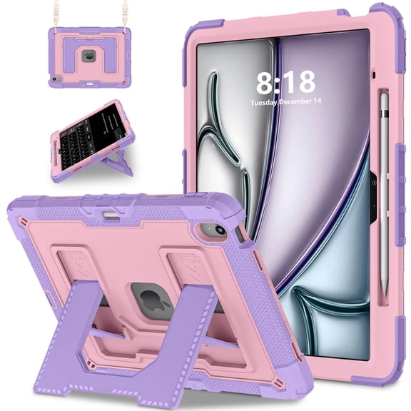 Rugged Case for Apple iPad Air 13 Inch M4 M3 M2 2026/2025/2024, Heavy Duty Tablet Case with Kickstand, Pencil Holder & Detachable Shoulder Strap, Purple Gold