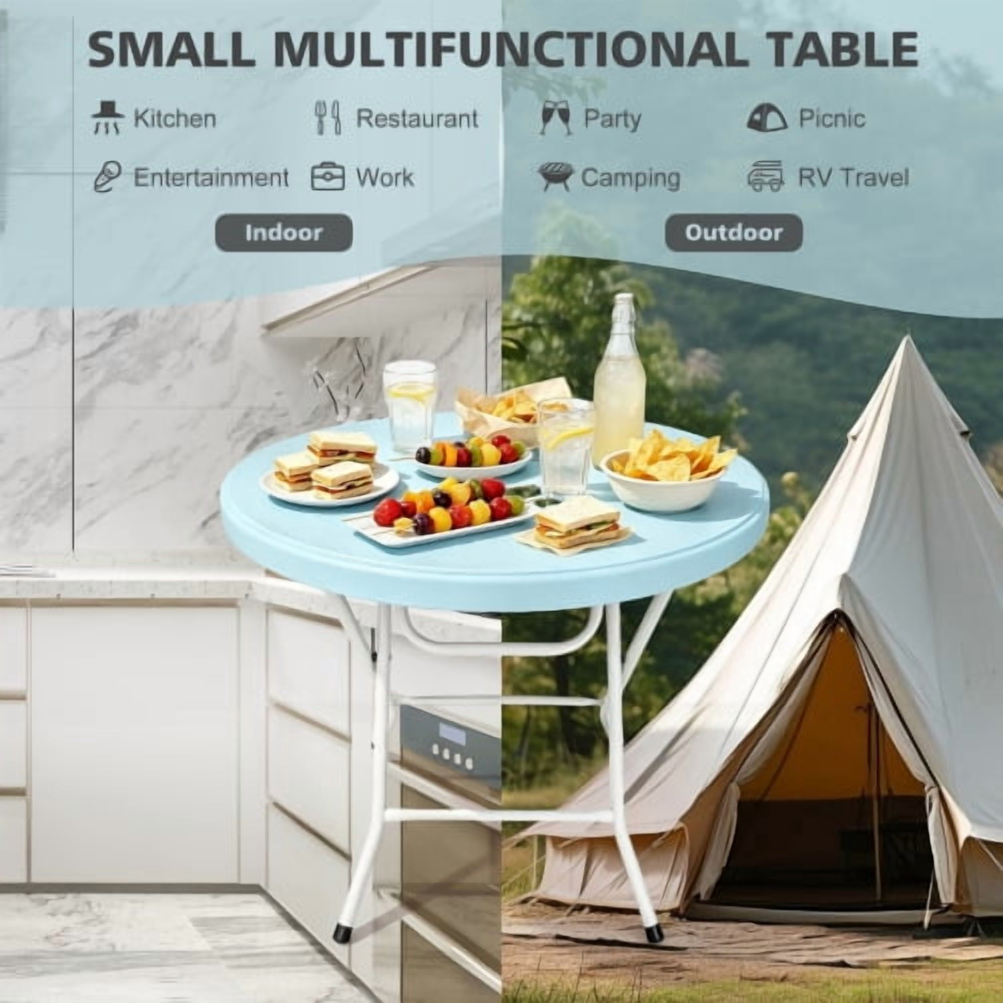 31.5" Round Folding Table, HDPE Cocktail & Bistro Table, Tool-Free Setup, Foldable for Outdoor Parties, Weddings, Cafes & Backyard, Blue