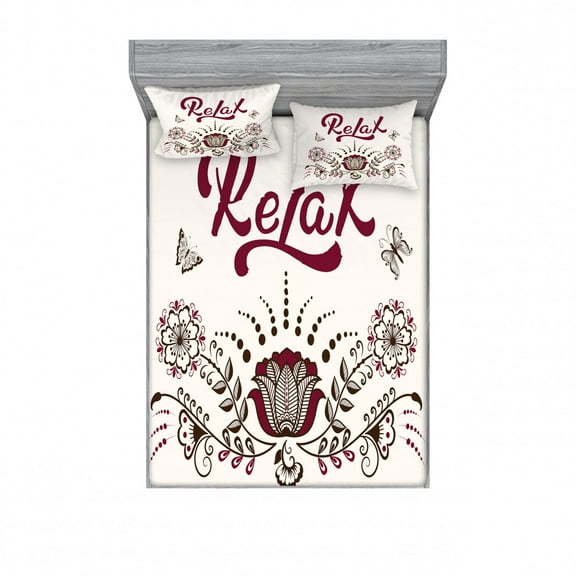 Ambesonne Saying Fitted Sheet & Pillow Sham Set, Ornamental Design Art, Queen, Multicolor