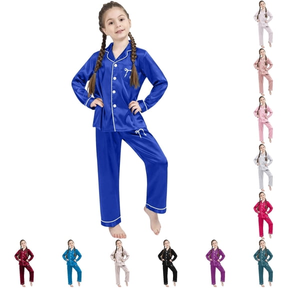 FYDUU Kids Satin Sleepwear Girls Long Sleeve Pajamas with Pants Soft Nightwear Outfit Fashion Bow Print Loungewear for Daily Bedtime 7-8 Years
