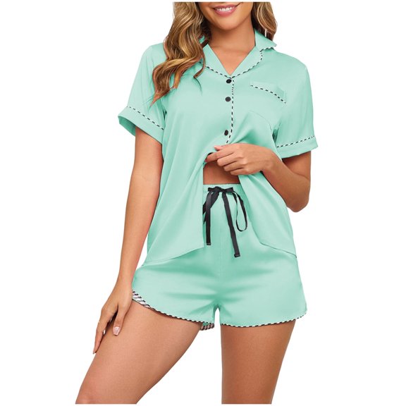 Wensltd Women's Short Sleeve Pajama Set 2 Piece V Neck Top with Pocket Shorts Soft Comfy Summer Home Wear Sleepwear
