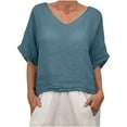 thumbnail image 5 of Fartey Oversized Cotton Linen T Shirts for Women 2025 Summer Solid Color Short Sleeve Tops Dressy Casual V Neck Tee Shirt Loose Breathable Beach Holiday Blouses Blue 2XL, 5 of 9