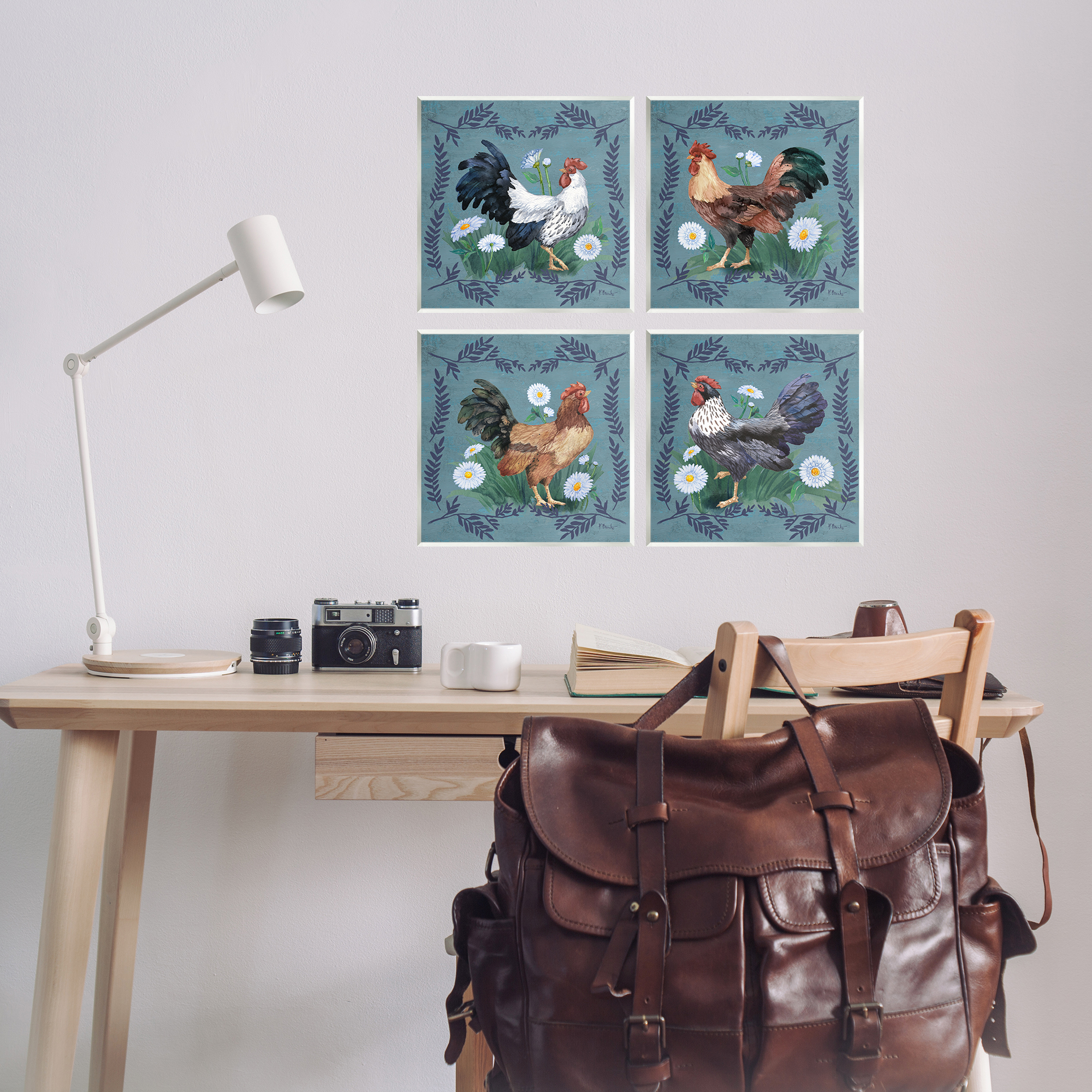 Stupell Industries Country Ferns & Roosters Animals Painting Unframed Art Print Wall Art, 12 x 12, Set of 4