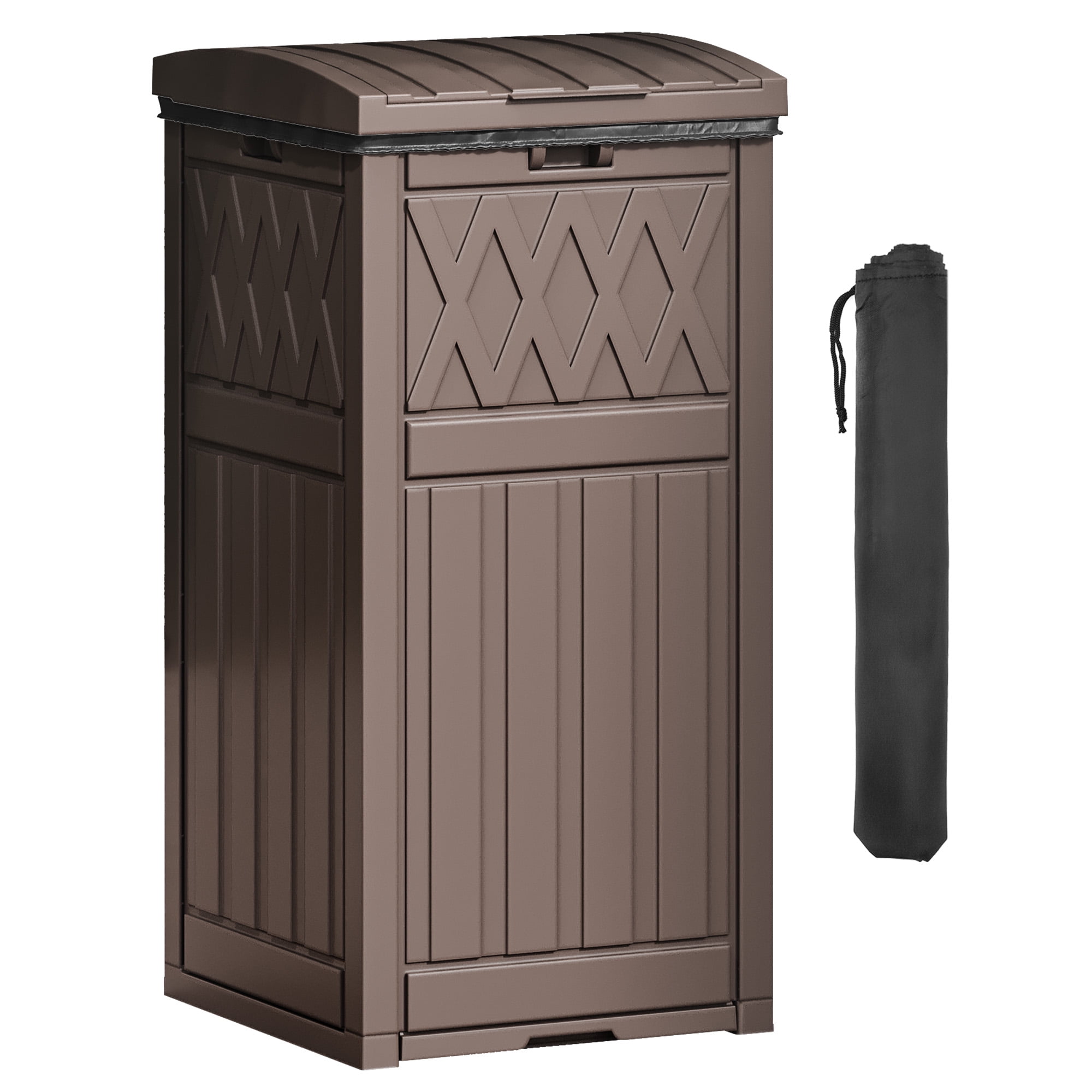 Uforic 36 Gal Outdoor Trash Can,Waterproof Resin Garbage Bin with Fabric Bag, Tiered Lid & Drip Tray, for Patio,  Backyard, Dark Brown