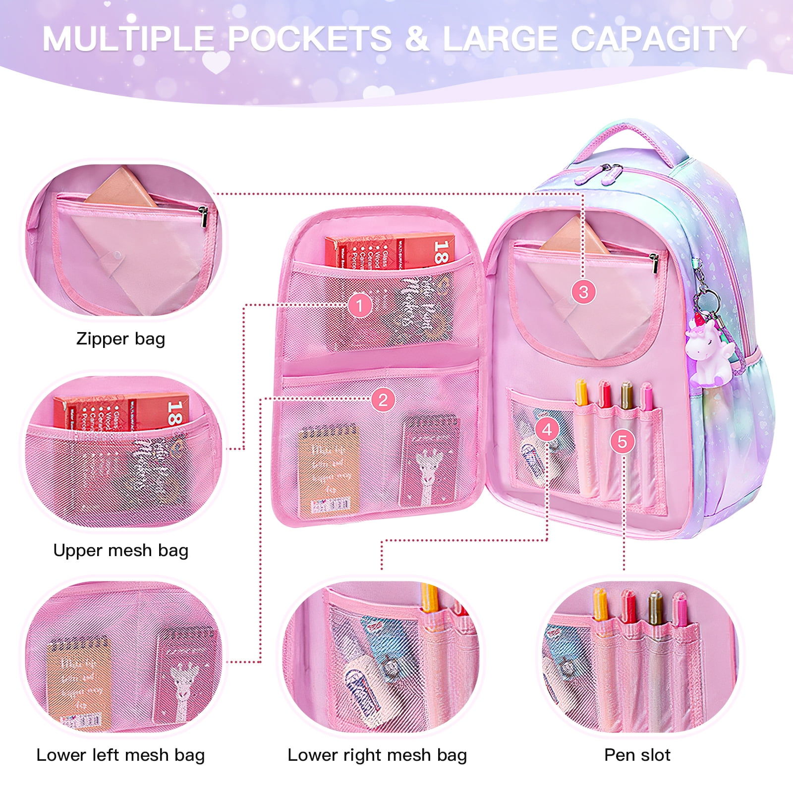 Kadyn Girls Backpack, Waterproof Princess School Backpacks for Teen Girl Kid Students, Cute Book Bag with Compartments and Lunch Bag, Purple Kadyn Girls Backpack, Waterproof Princess School Backpacks for Teen Girl Kid Students, Cute Book Bag with Compartments and Lunch Bag, Purple