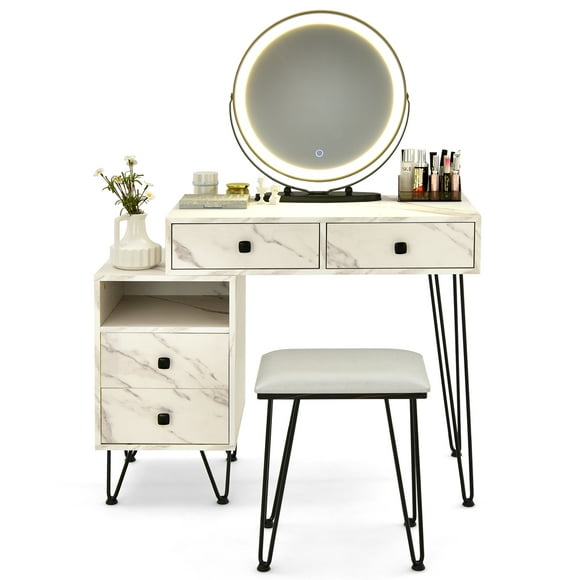 Topbuy Bedroom Makeup Vanity Dressing Table Stool Set with 3 Colors Lighted Mirror Large Storage Cabinet Drawer White