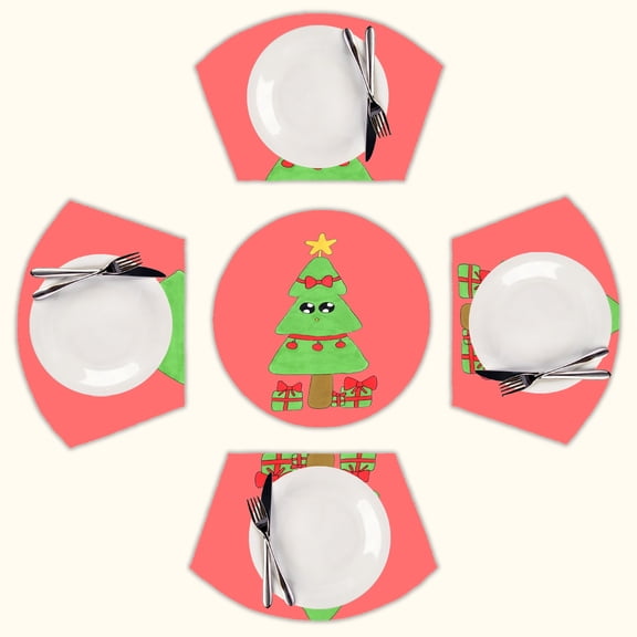 Cute Christmas Tree Cartoon Round Table Placemats Set Of 5 Wedge Table Mats Washable Heat Resistant Place Mat For Dining Table Kitchen Farmhouse Restaurant