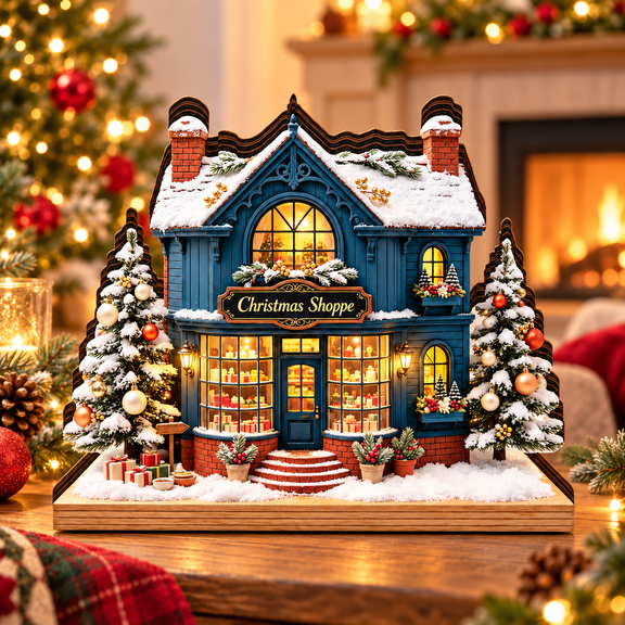 Christmas Village Decor, Wooden Woodland Cottage Tabletop House with Soft Light for Mantel Shelf Desk and Dining Table, 4.72 x 4.33 x 0.79 in