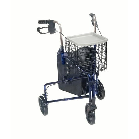 Drive Medical 3 Wheel Rollator Rolling Walker with Basket Tray and Pouch, Flame Blue