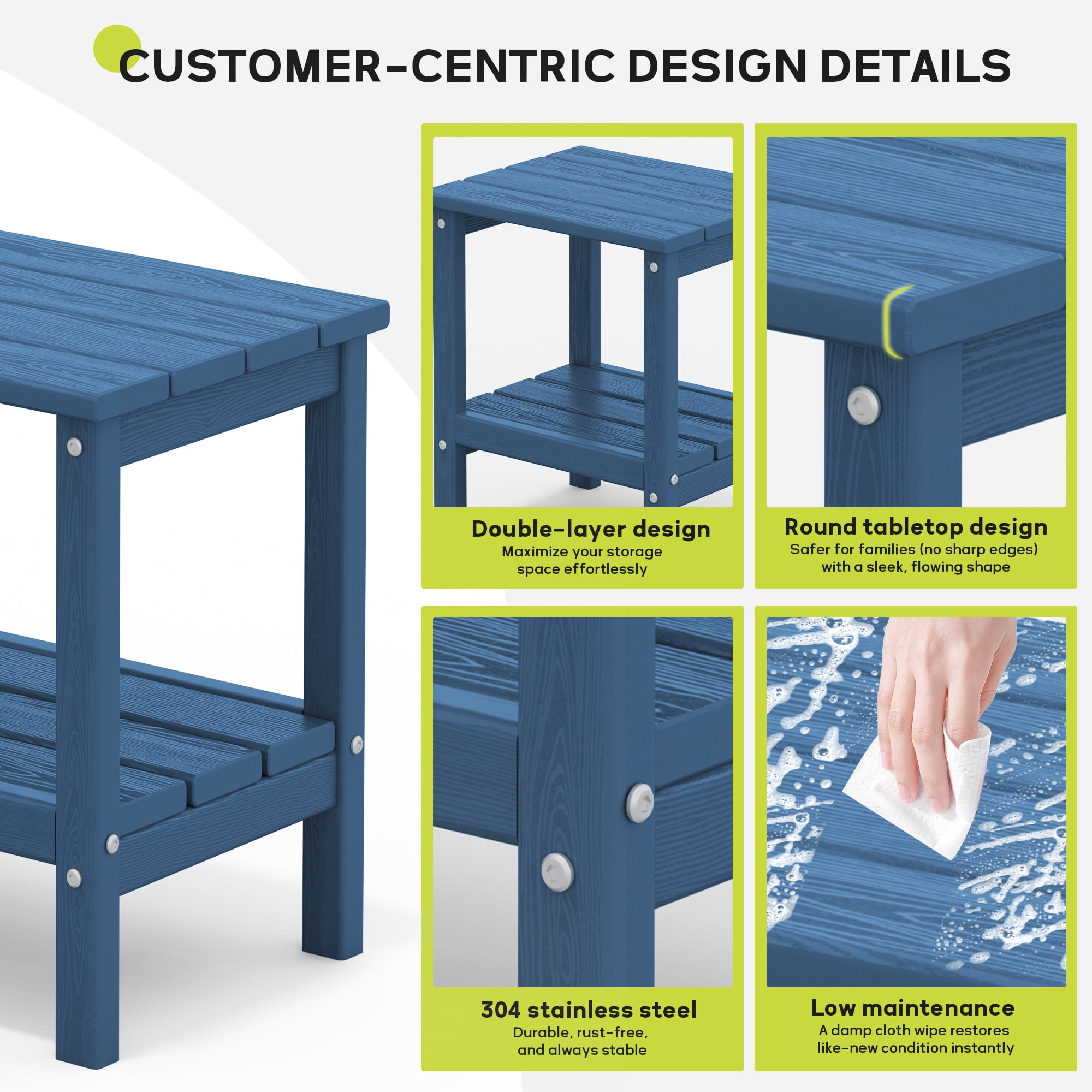 FUNDAZE HDPE 2-Layer End Table for Living Room, Outdoor Side Table, Patio Small End Table, Navy Blue