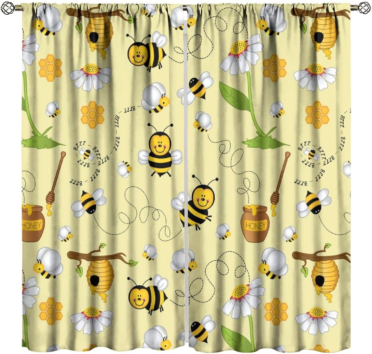 Bee Blackout Curtains Cartoon Flying Bees Daisy Honey Chamomile Flowers Spring Animal Print Living Room Bedroom Cafe Heat Insulation Privacy Curtains 55x63 Inch