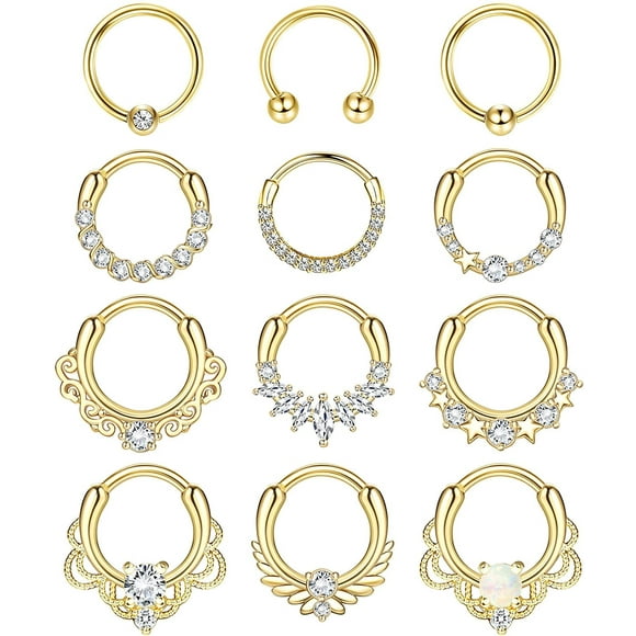 12pcs Septum Jewelry 16g Daith Earrings Hinged Hoop Nose Rings Septum Clicker Cz Stainless Steel Cartilage Earring Helix Tragus Daith Piercing Jewelry