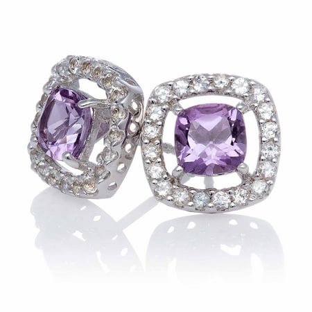 Amethyst Cushion-Cut with White Topaz Halo Sterling Silver Stud Earrings