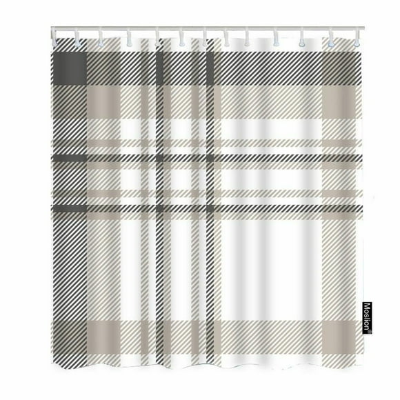 Vintage Gingham Plaid Shower Curtain Set - 72x72 Inch Waterproof Polyester Fabric in Dark Gray, Light Taupe, and White with Hooks