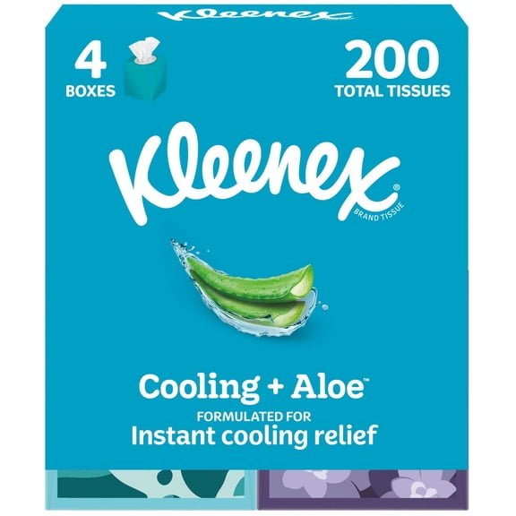Kleenex Cooling Aloe Facial Tissues, 4 Cube Boxes, 50 Tissues Per Box, 2-Ply