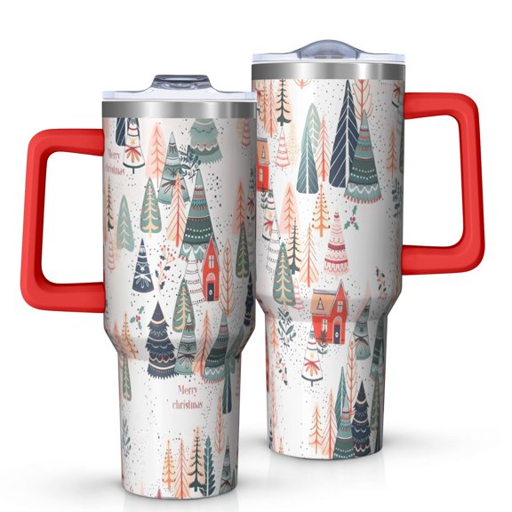 Christmas Tree and House Pattern Tumbler with Handle and Lid,40oz Double Wall Vacuum Insulated Tumbler,Cups Gift for Women and Men