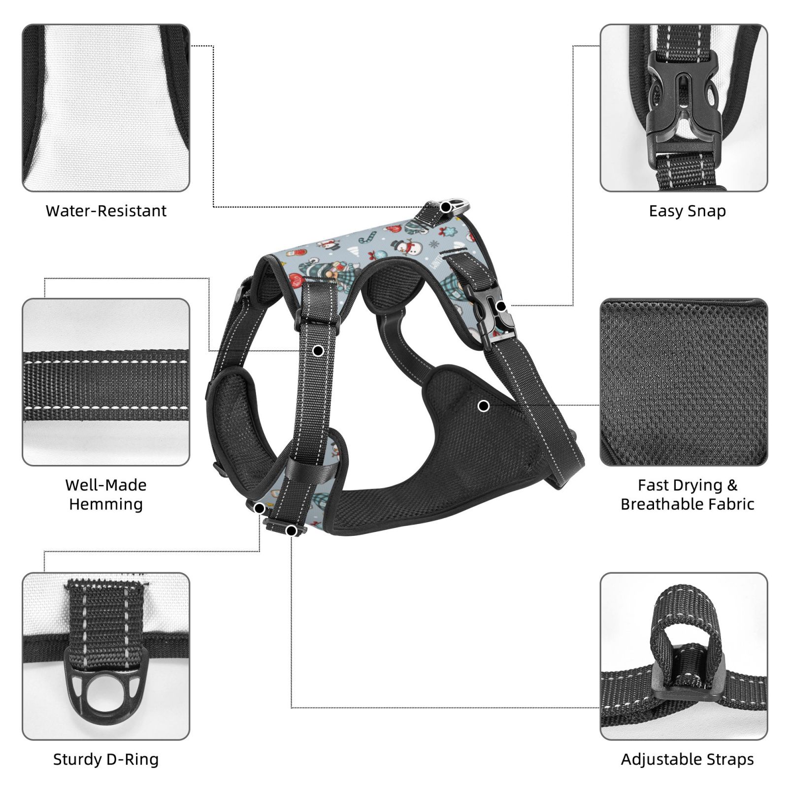 Vsdgher Winter Gnome And Snowman Dog Harness, No-Pull Pet Harness, Dog Vest, Pet Vest for Small to Large Dogs-Medium