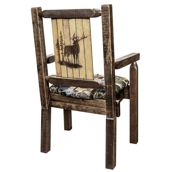 Homestead Collection Captain's Chair, Woodland Upholstery w/ Laser Engraved Elk Design, Stain & Lacquer Finish