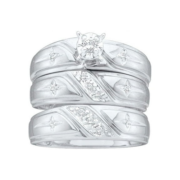 10kt White Gold His & Hers Round Diamond Solitaire Christian Cross Matching Bridal Wedding Ring Band Set 1/6 Cttw