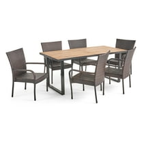 GDF Studio Savoy Outdoor Acacia Wood and Wicker 7 Piece Dining Set, Teak, Black, and Multibrown