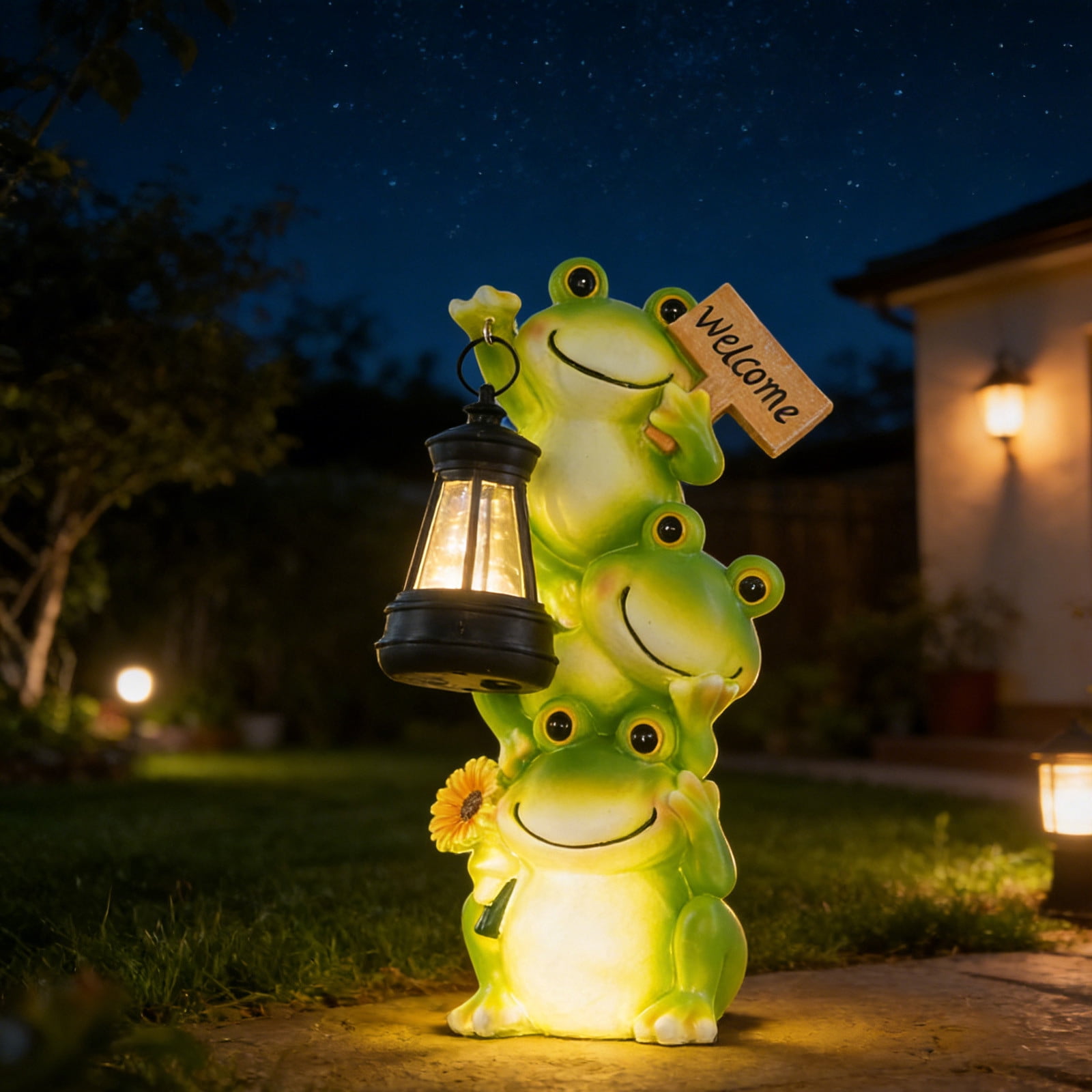 Outdoor Solar Frog Lantern,Resin Garden Light,Stacked Frog Sculpture Design,Solar Powered LED,Weather-Resistant,Warm Night Light,Lawn Patio Decoration
