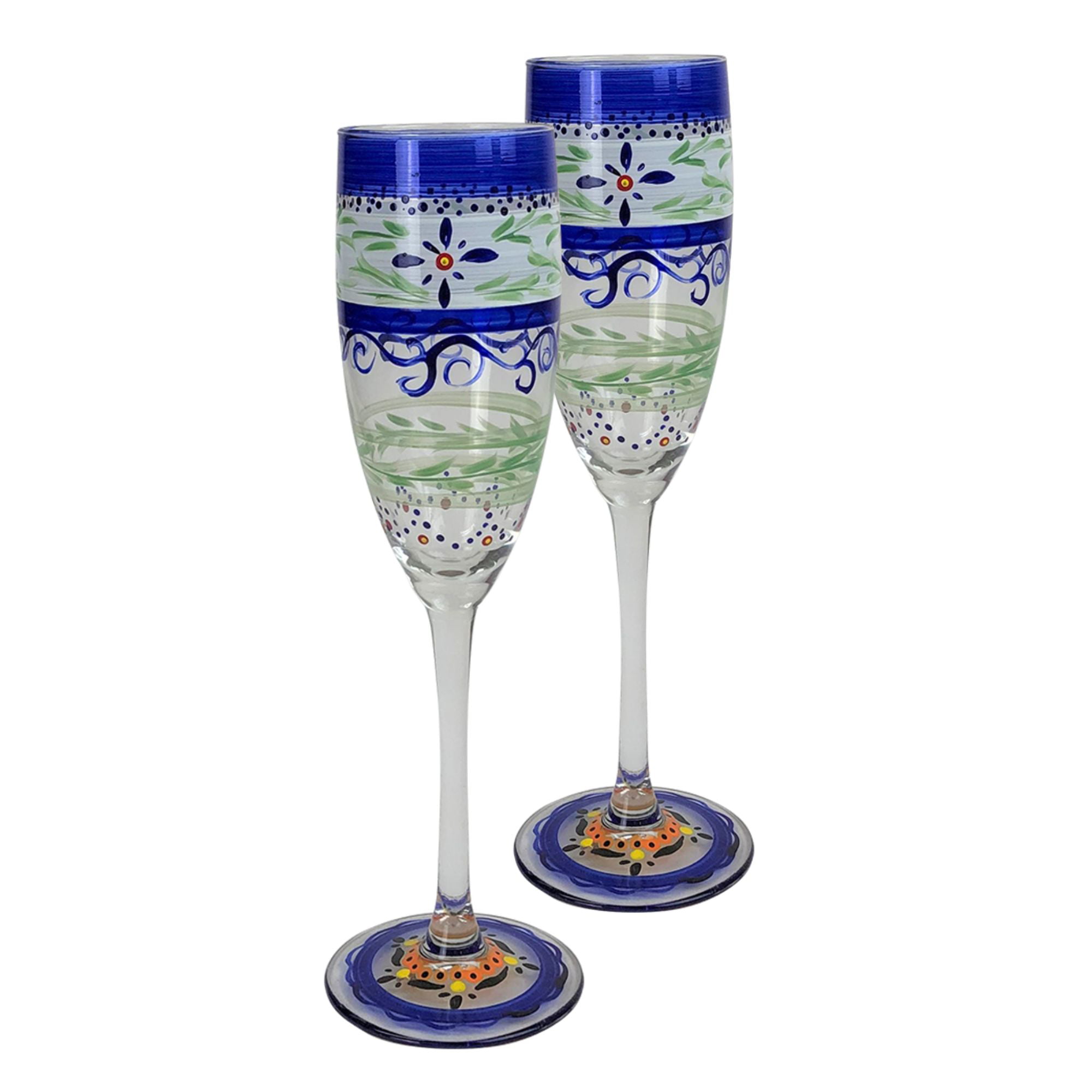 Set of 2 Hand Painted Champagne Flutes Flower Bunch