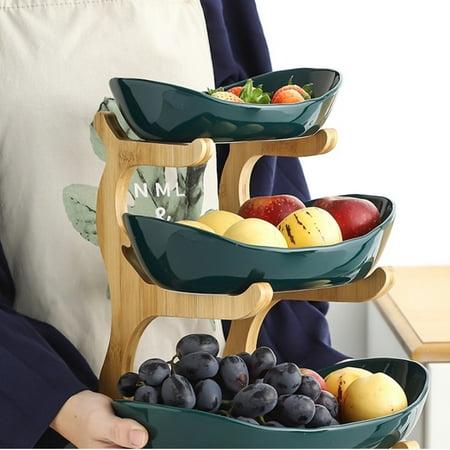 

3 Tiers Fruit Plate with Wood Holder Snacks Candy Plate Kitchen Organizer Rack Party Food Serving Display Tray Green