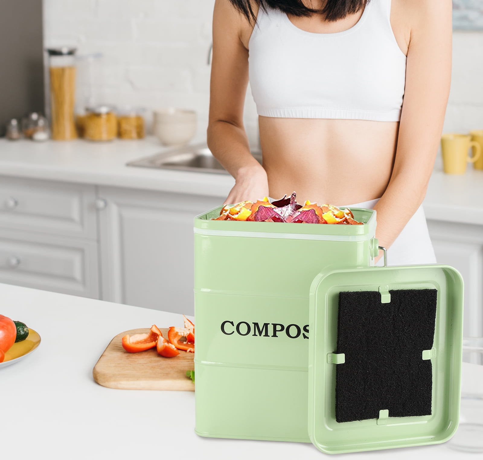 Pethiy 1 Gallon Compost Bucket for Kitchen, Countertop Indoor Compost Pail with Charcoal Filter for Odor-Free Food Scraps, Carbon Steel with Handles, Green